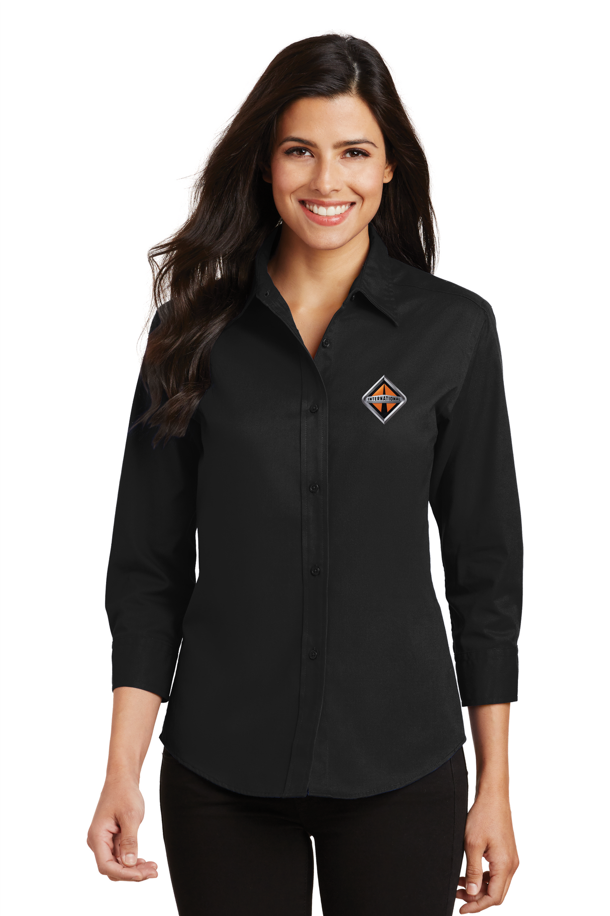 Border International Diamond Logo Ladies 3/4-Sleeve Easy Care Full-Button Shirt
