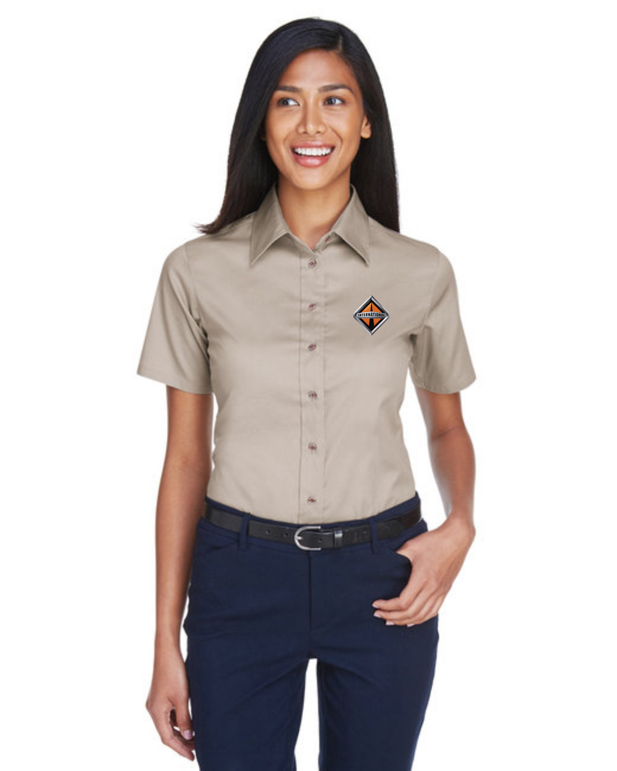 Border International Diamond Logo Ladies' Easy Blend™ Short-Sleeve Twill Shirt with Stain-Release