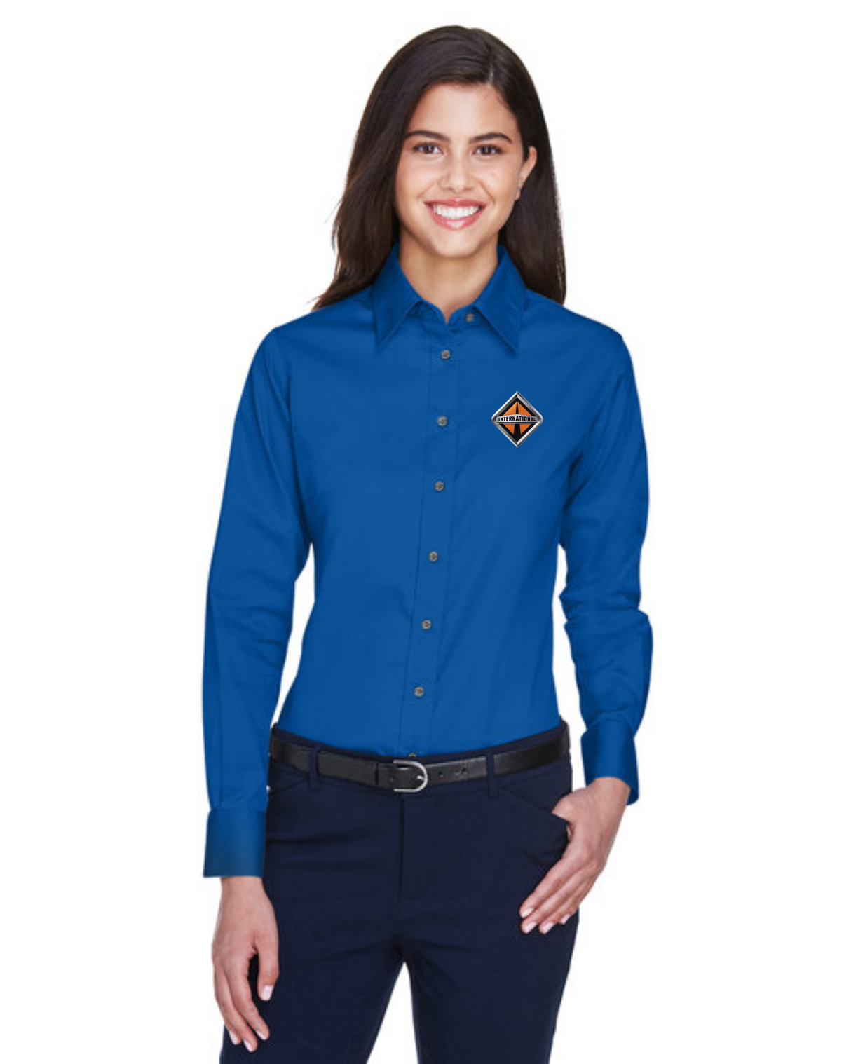 Border International Diamond Logo Ladies' Easy Blend™ Long-Sleeve Twill Shirt with Stain-Release