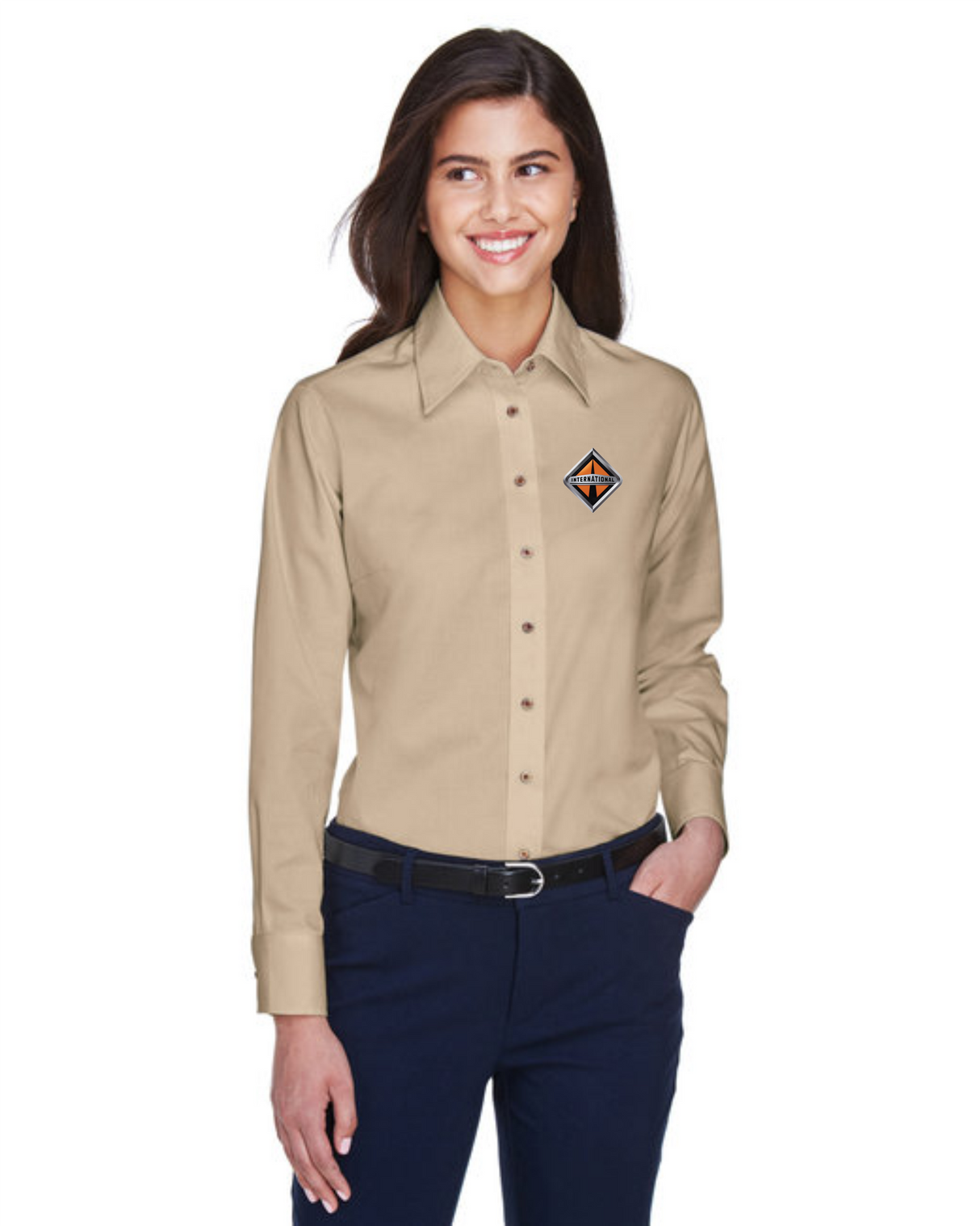 Border International Diamond Logo Ladies' Easy Blend™ Long-Sleeve Twill Shirt with Stain-Release